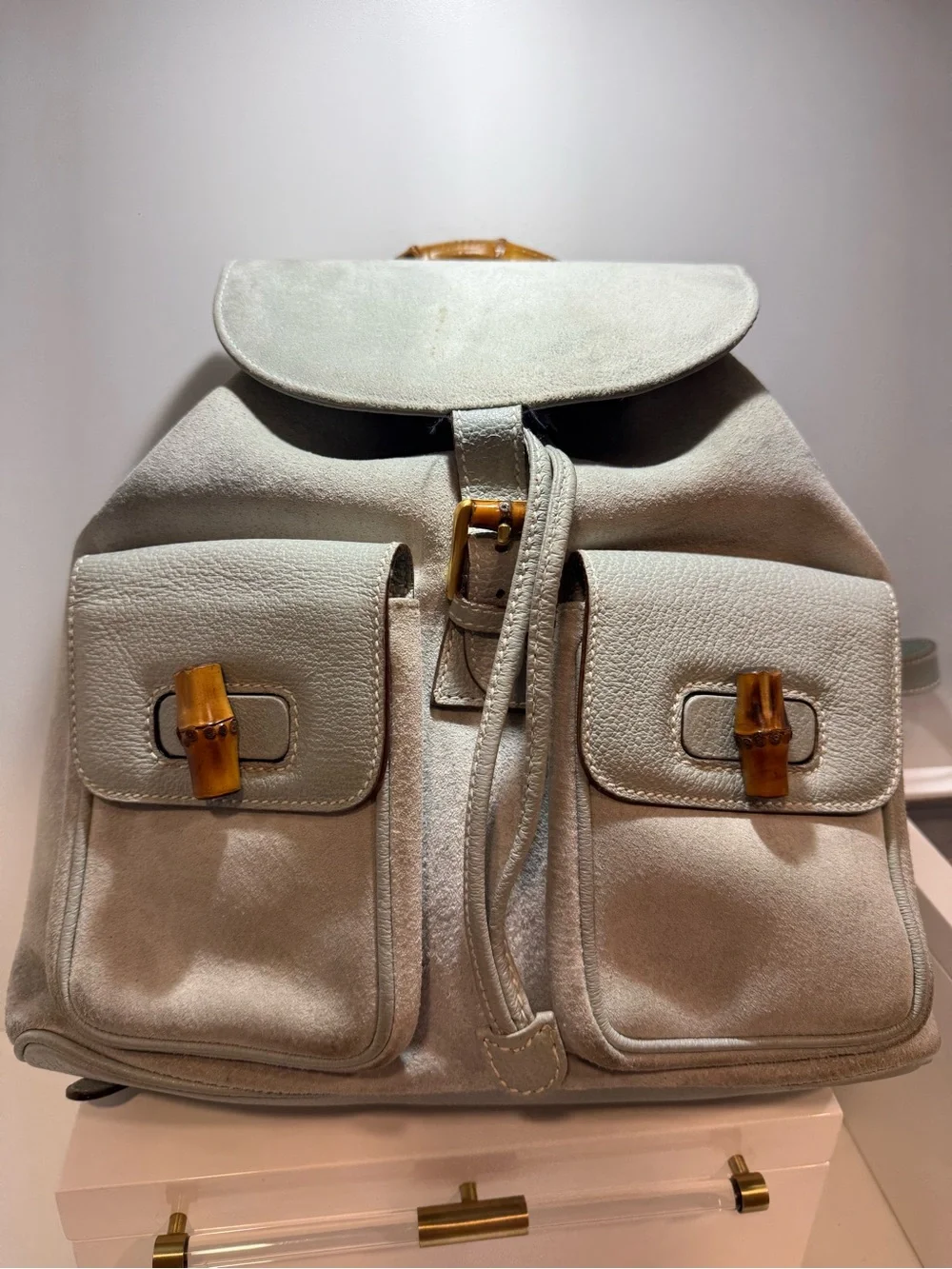 Gucci Light Blue Suede Bamboo Backpack